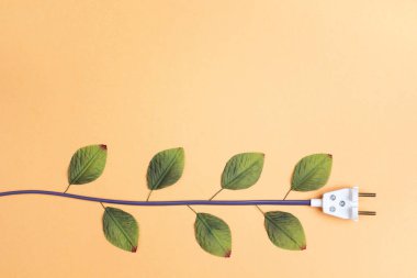 Elektrik prizinden yapraklarla bir bitki gibi. Eco, biyo, enerji tasarrufu concep. Düz yatıyordu, en iyi görünüm, kopya alanı.