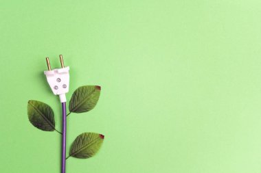 Elektrik prizinden yapraklarla bir bitki gibi. Eco, biyo, enerji tasarrufu concep. Düz yatıyordu, en iyi görünümü.