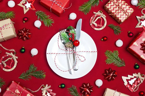Cadre Table Festive Avec Couverts Décorations Noël Sur Fond Tissu — Photo