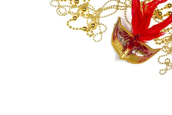 Sfondo Carnevale Festivo Con Maschera Rossa Perline Spazio Copia Maschera — Foto Stock