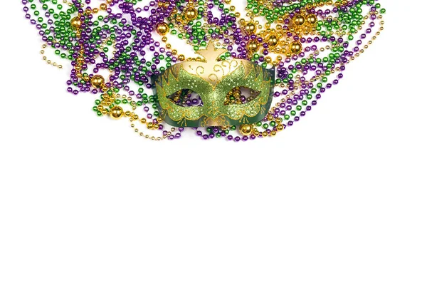 Maschera Carnevale Festivo Perline Uno Sfondo Bianco Spazio Testo — Foto Stock