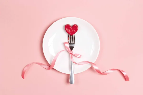 Fork Heart Plate Pink Table Festive Menu Valentine Day Top Stock Photo
