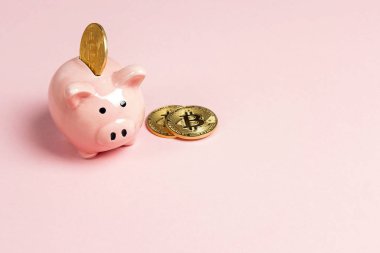 Servet bitcoin üzerinde pembe bir arka plan ile. Sanal cryptocurrency kavramı kaydetme. Metin için yer kopyalayın.