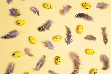 Paskalya sarı arka plan dekoratif yumurta ve tüyleri ile. 