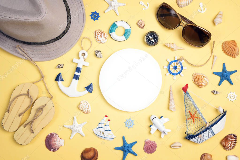 Flat lay travel concept with vacation accessories and copy space