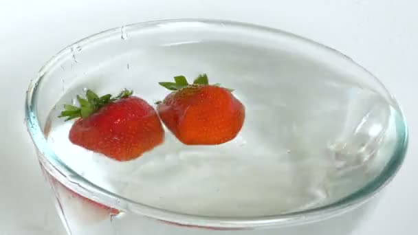 Frische Reife Köstliche Erdbeeren Waschen Erdbeeren Einer Schüssel Saftige Früchte — Stockvideo