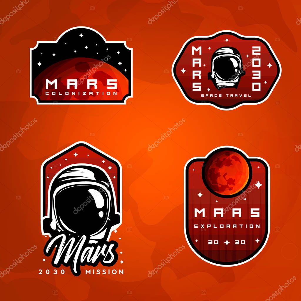Set of space exploration badges. Flight to Mars stickers collection
