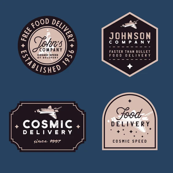 Emblemas vintage de entrega de alimentos, ilustração vetorial antiquada com textura grunge e ônibus espacial — Vetor de Stock