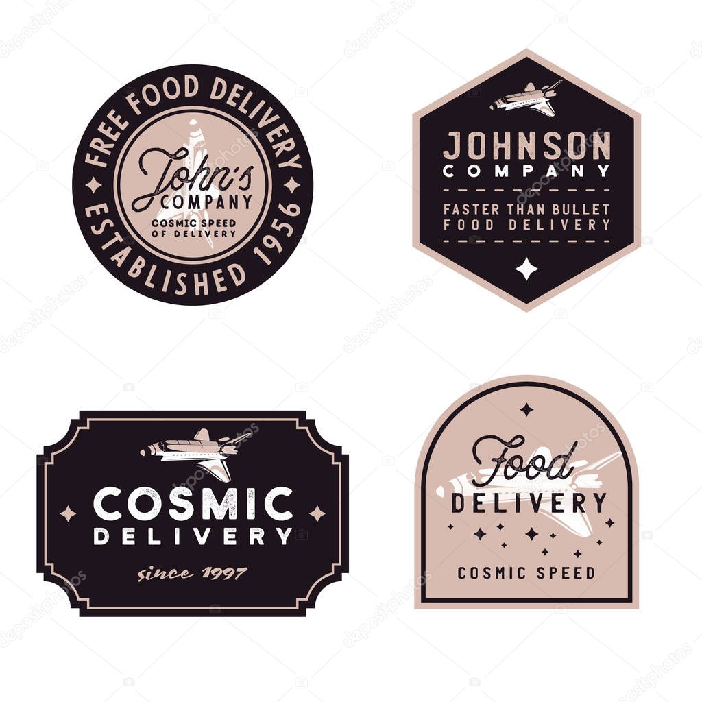 Food delivery vintage badges, old-fashioned vector illustration with grunge texture and space shuttle as main design element of these emblems. Retro styled 1960s logos on food theme