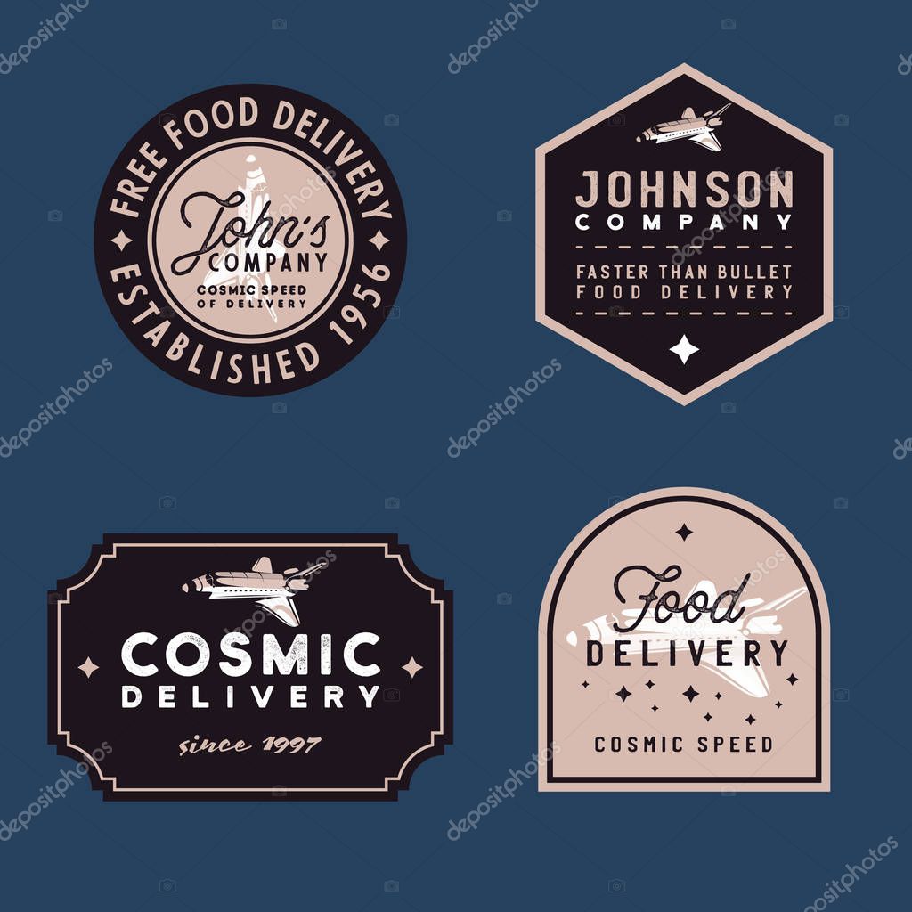 Food delivery vintage badges, old-fashioned vector illustration with grunge texture and space shuttle as main design element of these emblems. Retro styled 1960s logos on food theme