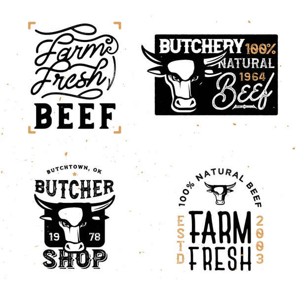 Fazenda crachás de carne fresca e logotipos em vintage . — Vetor de Stock