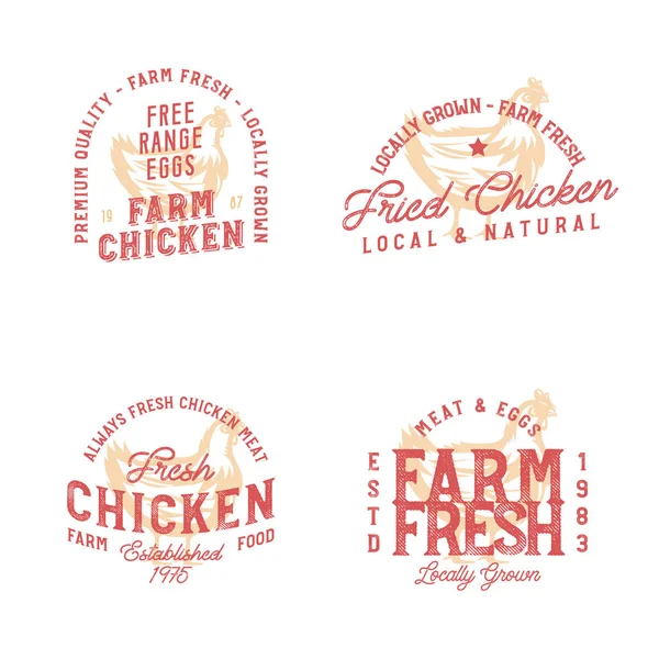 Insignias en estilo vintage en el tema de la granja con boceto de pollo monocromo — Vector de stock