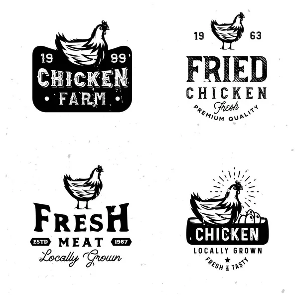 Insignias en estilo vintage en el tema de la granja con boceto de pollo monocromo — Vector de stock
