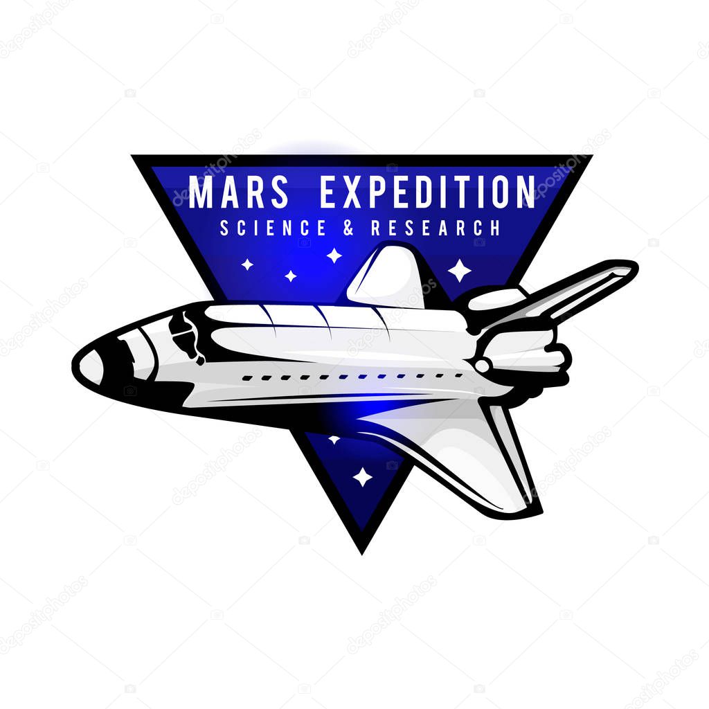 Space mission to Mars vector logotype concept with space shuttle. Blue colors in priority. Mars expedition logo concept with space shuttle.