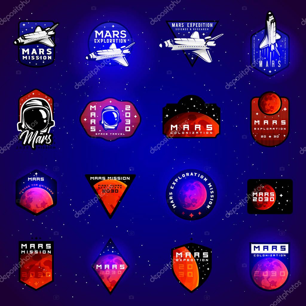 Big set of space mission to Mars vector emblems concept with space shuttle. Blue colors in priority