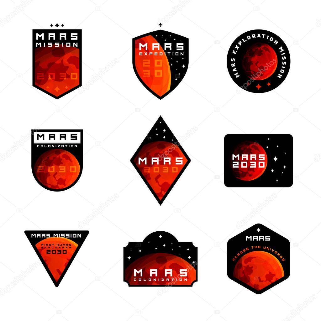 Set of Space mission to Mars vector logos Mars planet drawn in realistic style is main design element of these emblems