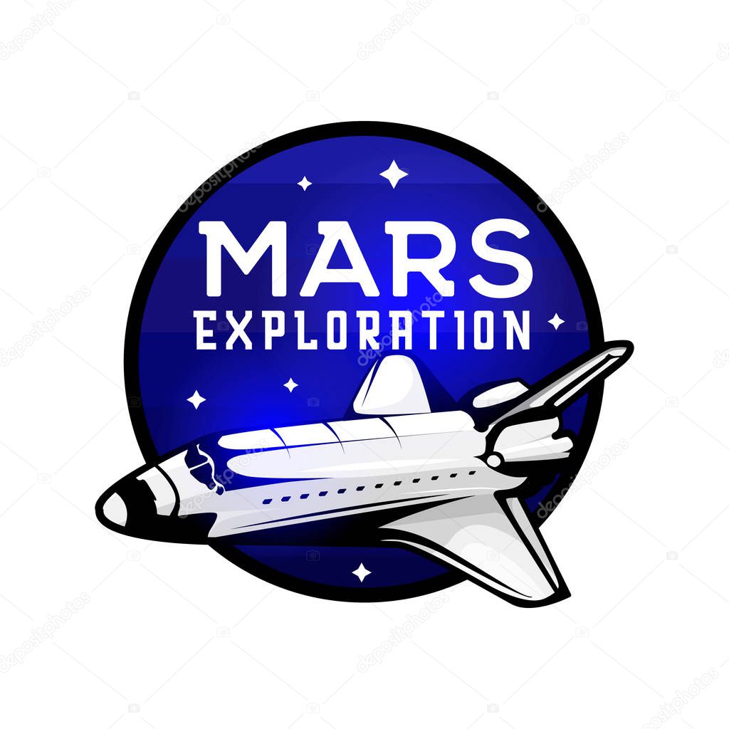 Space mission to Mars vector logotype concept with space shuttle. Blue colors in priority