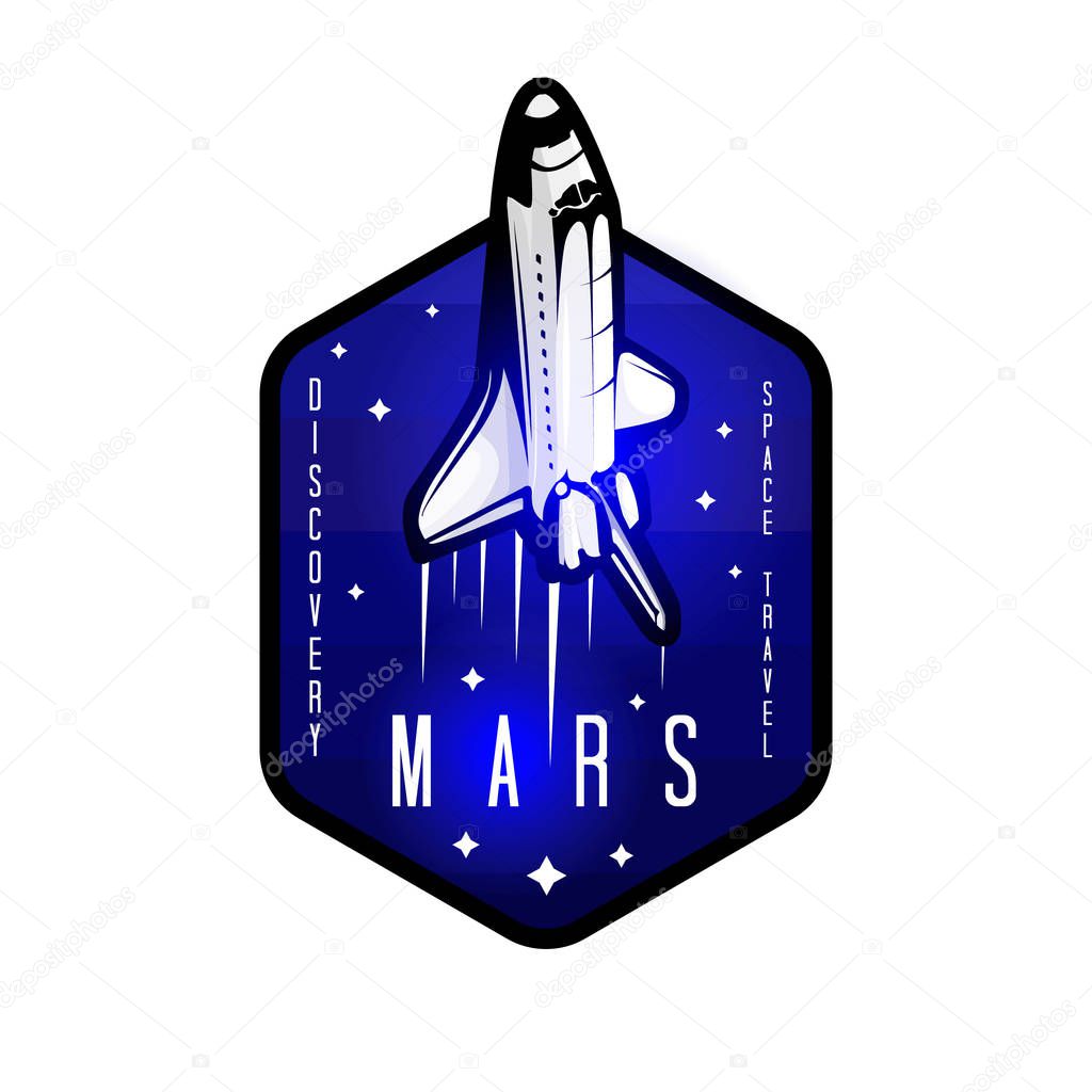 Space mission to Mars vector logotype concept with space shuttle. Blue colors in priority. Mars expedition logo concept with space shuttle.