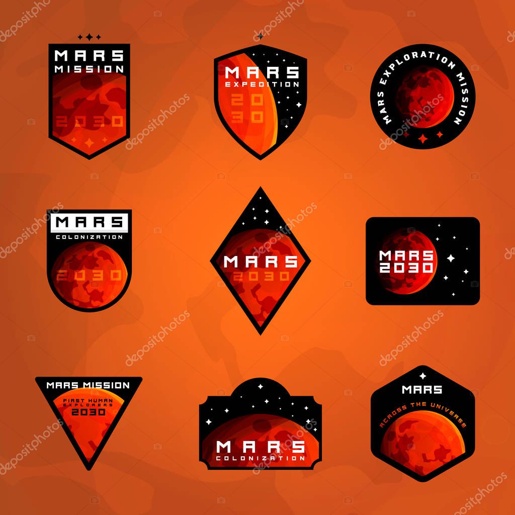 Set of space exploration badges. Flight to Mars stickers collection