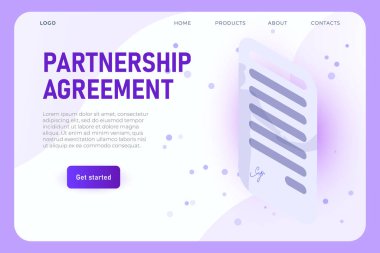 İzometrik ortaklık anlaşması iniş sayfası konsepti, imzalı ve boş metinli modern stil sözleşme listesi