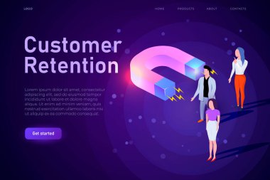 Müşteri koruma kavramsal illüstrasyon, web sayfası iniş şablonu. Büyük mıknatıs müşterileri, alıcıları çeker. E-ticaret dünyası için duyarlı tasarım.