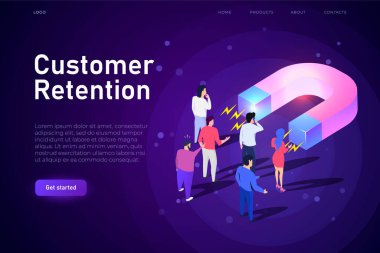 Müşteri koruma izometrik iltihaplanma, web sayfası iniş şablonu. Büyük mıknatıs müşterileri, alıcıları çeker. E-ticaret dünyası için duyarlı tasarım