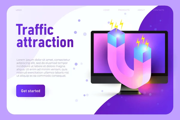 Attraction client, concept de site Web d'augmentation du trafic. Aimant 3d et bureau réaliste — Image vectorielle