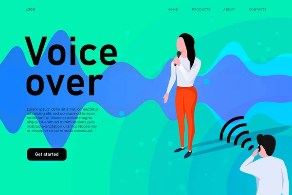 Voice over system conceptual illustration with stylized sound wave. Woman talking to micrphone.