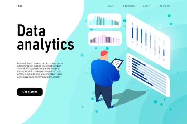 Data analytics dashboard, isometrische man analyseren van de grafieken en diagrammen. — Stockvector