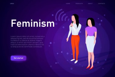 Kız güç çizimi konsepti. İki izometrik kadın olay yerinde duruyor ve feminizm hakkında konuşuyorlar..