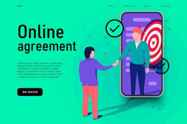 Online anlaşma illüstrasyon konsepti. İki işadamı el sıkışıyor ve alışverişi yapıyor.