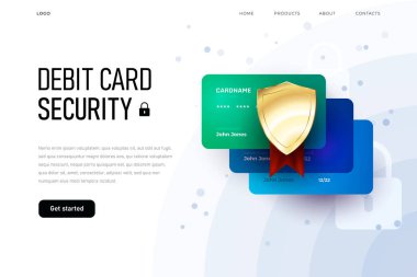 Çevrimiçi güvenlik fo dedit kartı, genel görünüm web sayfası, üç plastik kart iniş sayfası şablonu