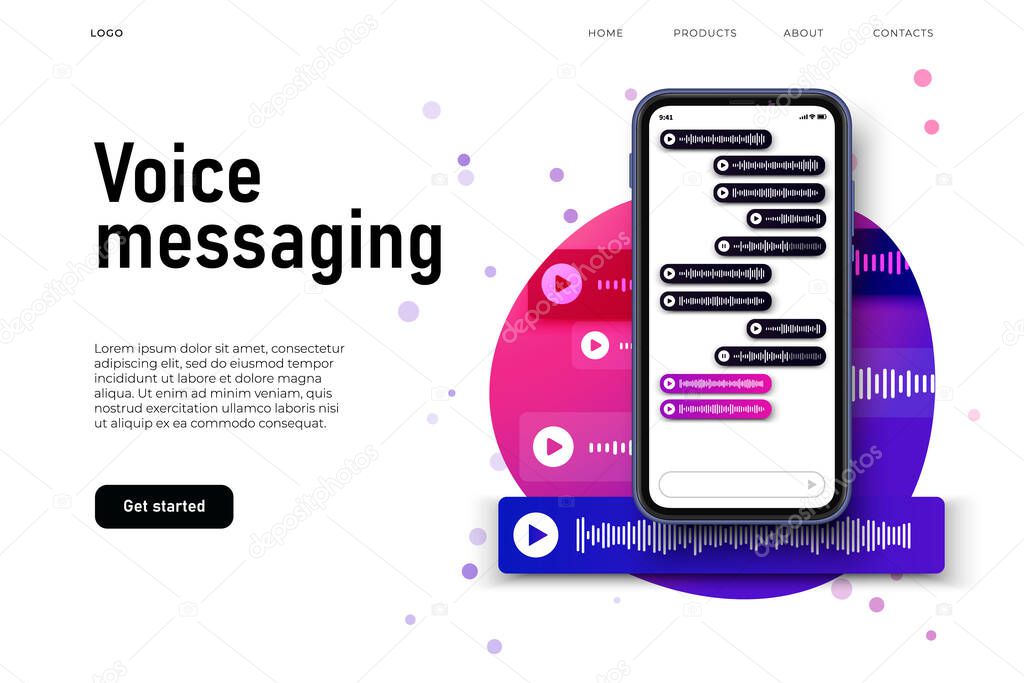 voice messaging in smartphone screen, voice chat illustration concept. colorful landing page with sound wave visualisation in voice messages.