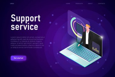 3D dizüstü bilgisayar ve destek ekibi. Servis illüstrasyonunu destekle