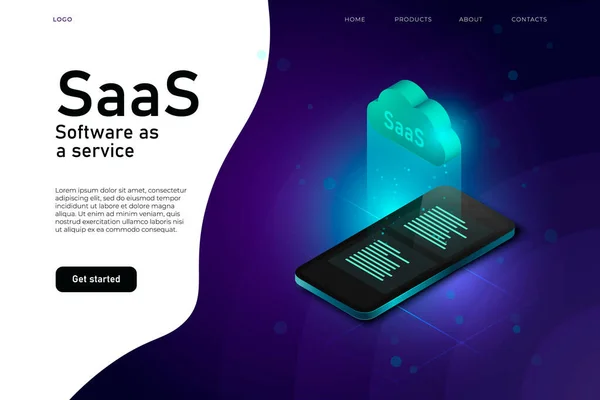 Software als Service isometrische Illustration mit 3D realistischem Smartphone, SaaS Cloud. Software-Cloud — Stockvektor