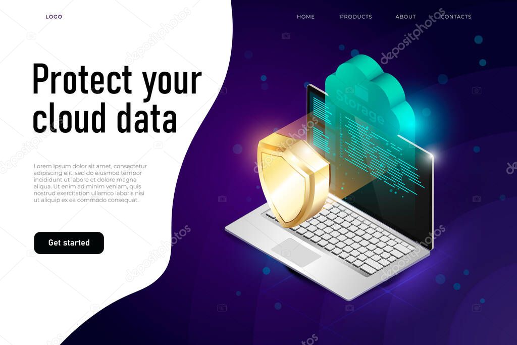 cloud data protection illustration, protect your cloud data text. Concept of cloud computing and protecting data.