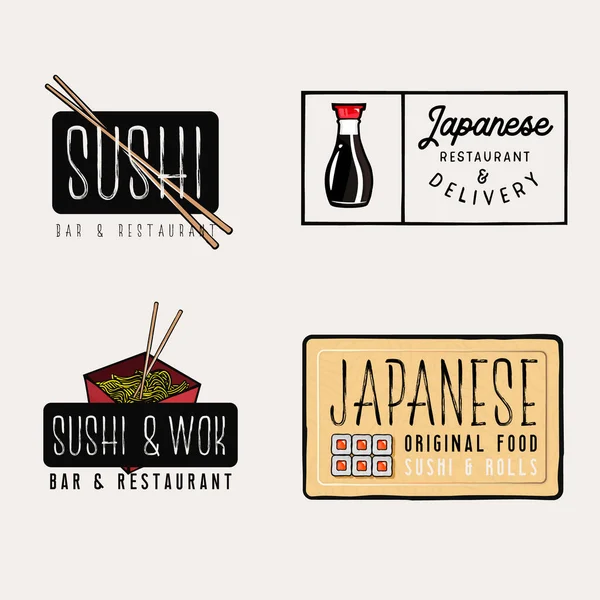Sushi bar and restaurant logos with sushi and rolls related items — Stock Vector