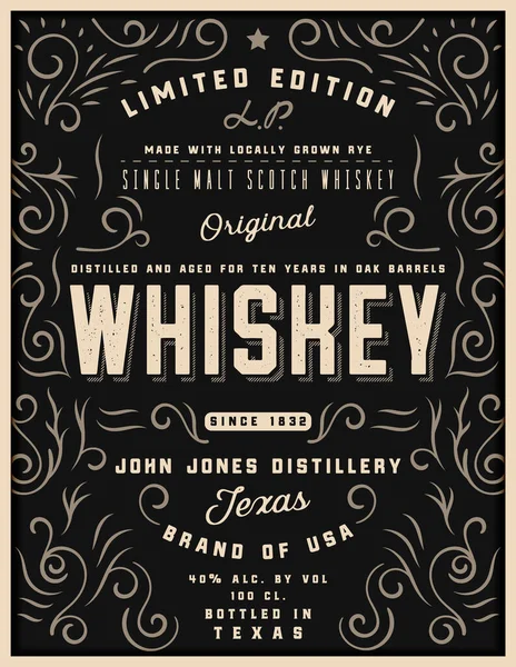 Etiqueta de whisky dibujada a mano con elementos ornamentales — Vector de stock