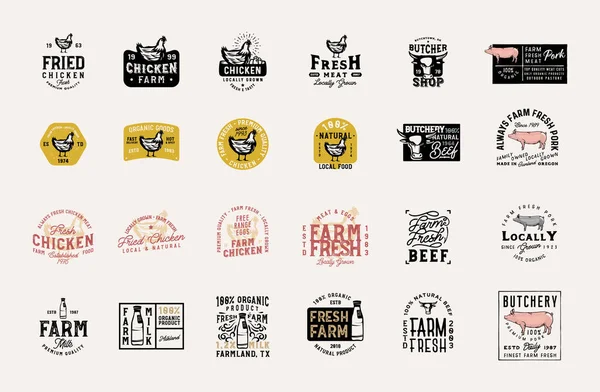 Master collection of 24 vintage farm fresh products emblemas, logotipos, sinais, símbolos, emblemas, rótulos com carne de porco, carne bovina, galo, leite e outros elementos de design — Vetor de Stock