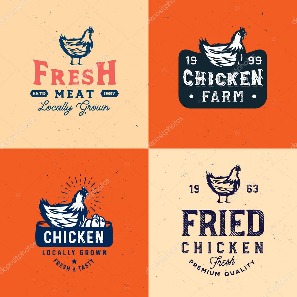 Vintage rustic chicken emblems. Collection of vintage retro farm labels and design elements. Vintage chicken meat labels.