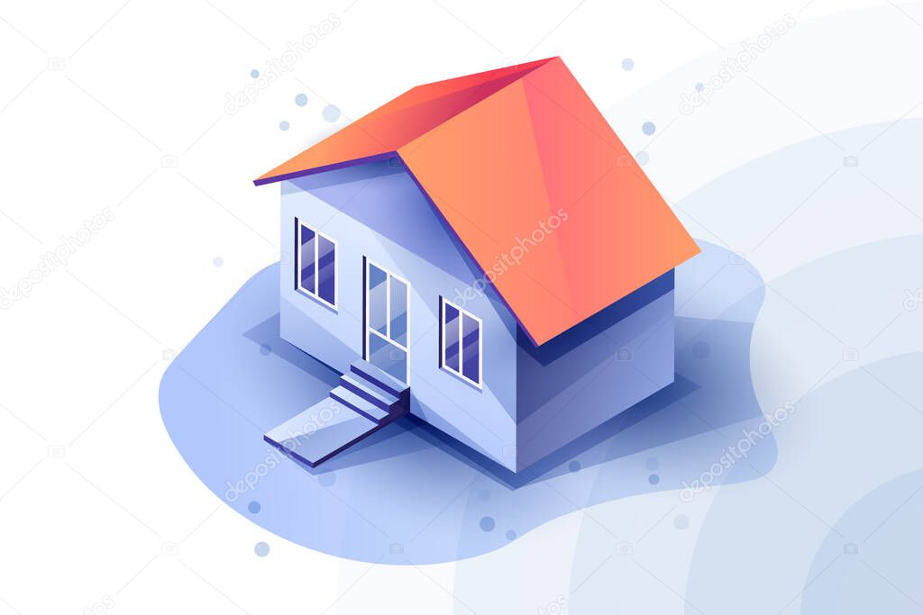 3d isometric house in blue color scheme. Blue tones in house. Red roof of the house.
