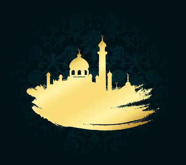 Ramadán kareem mubarak vector ilustración para la celebración de la pincelada de oro con mezquita sobre fondo negro — Archivo Imágenes Vectoriales