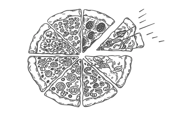 Pizza üstten görünüm çerçeve. İtalyan yemeği menü tasarımı. Vintage elle çizilmiş kroki vektör çizim. Siyah ve beyaz ile oyulmuş stili — Stok Vektör