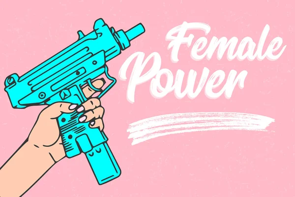 Frauenpower, Frau mit Waffe in der Hand, Cartoon-Vektor-Illustration auf rosa Hintergrunddesign-Konzept Vektorgrafiken