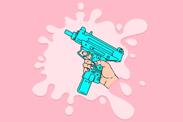 Kadın güç, kadın tec-9 elinde, karikatür vektör çizim üzerinde pembe bir arka plan tasarım konsepti ile
