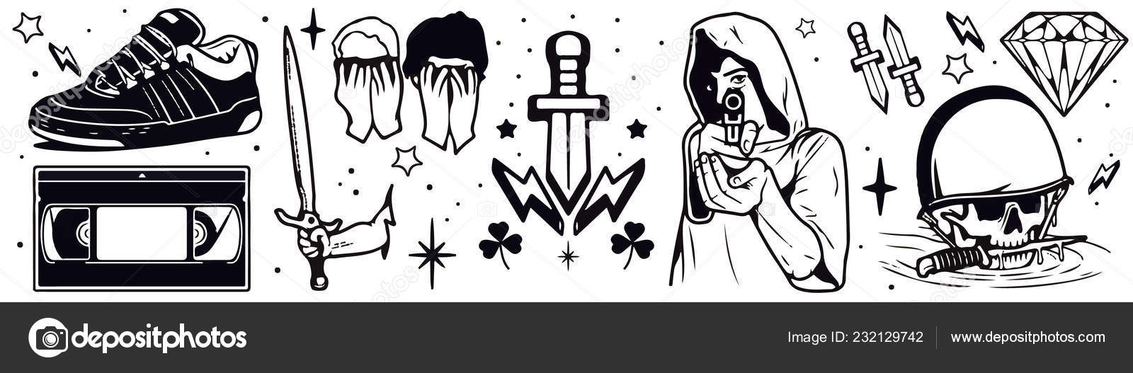 Mão Isolado Desenhado Bandido Vida Punk Rock Tatuagem Elementos  Motociclista Vetor de ©Denisxize 232129742, image size:1600x527