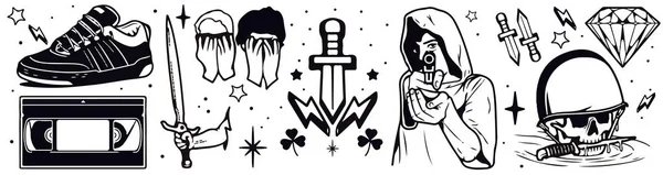 Tatouage Punk Rock Isolé Dessiné Main Éléments Motard — Image vectorielle