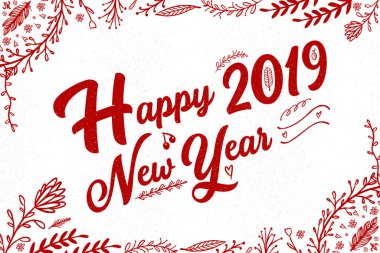 2019 beyaz arka plan üzerinde Noel ağacı elemanları ile yazılı yazı ver. Mutlu yeni yıl kartı tasarım. Vektör eps10 çizim