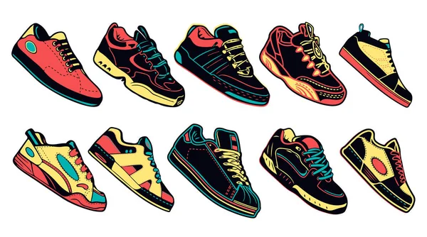 Grote creatieve illustratie collectie sneakers lopen, wandelen, schoenen, stijl achtergronden instellen Vector concept elementen pictogrammen op geïsoleerde witte achtergrond — Stockvector