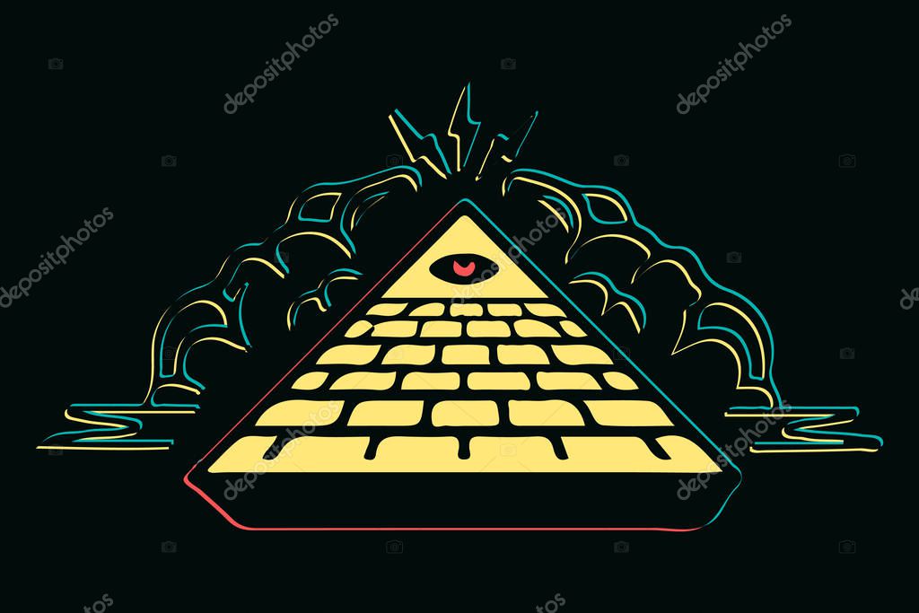 Colorful masons pyramid with red eye vector illustration, Eye of Providence.